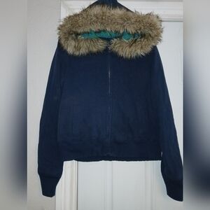 AMERICAN EAGLE Y2K Fur Trimed Zip Up Hoodie Navy Blue XL
